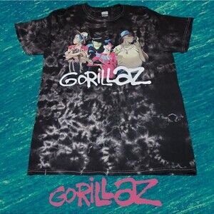 Gorillaz Graphic T-Shirt Unisex Tie Dye Band Merch Black Acid Wash Medium